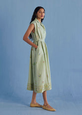 Mema Shawl Collar Printed Linen Dress - Mint